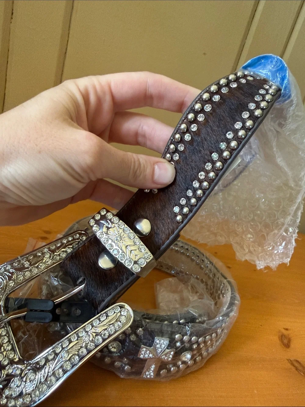 Nocona Hair-On Leather Western Belt – Rhinestone Studded – NWT